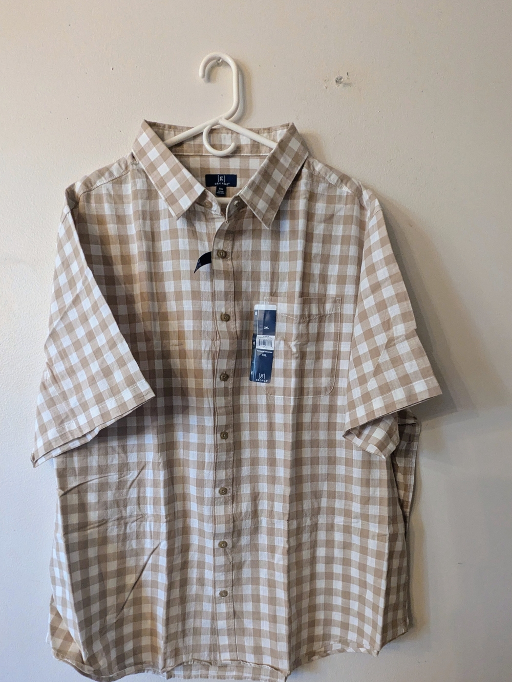 George Men's Short-Sleeve Button-Up Shirt - Beige Check 3XL